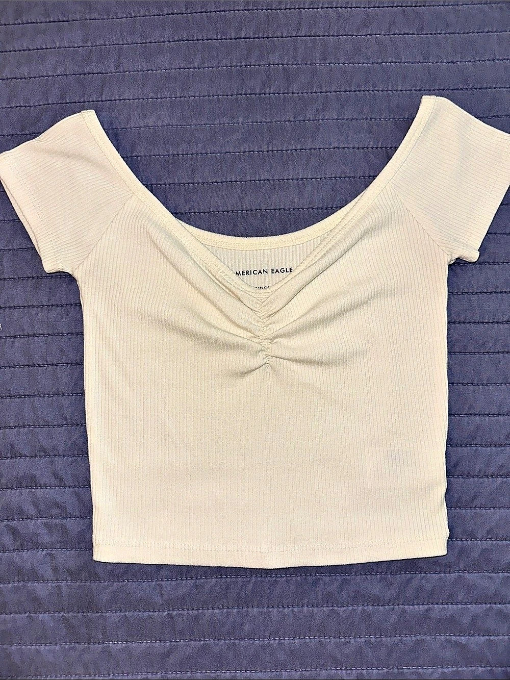 American Eagle AE Cinch-Front Cropped Short Sleeve Top, Cream